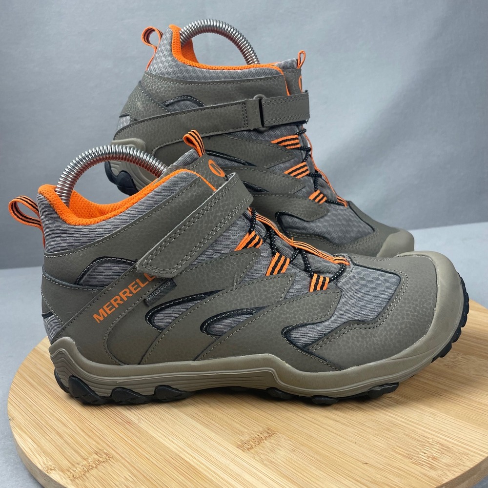 Merrell‎ Waterproof Kids Hiking Boots Size 6M Orange Gray Hook Loop